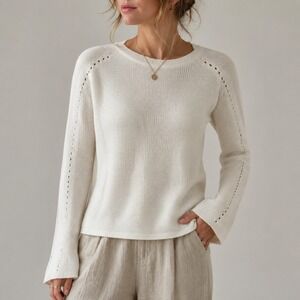 Isabella Bird Sweater Womens Small Cream Wool Blend Pointelle Knit Crewneck